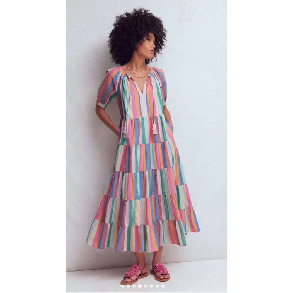 Boden Multi Tiered Maxi Dress Multi Clipped Stripe Metallic D1657-MUL Womens